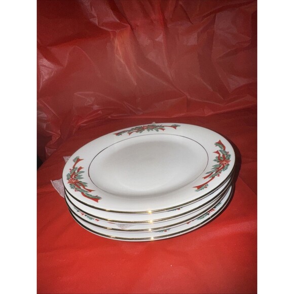 (4) Tienshan Poinsettia and Red Ribbons Dessert Plate 7.5” Christmas Fine China - Picture 2 of 6
